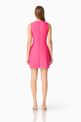 Brunette model wearing the Opline Tuplip Mini Dress in Hot Pink back shot 