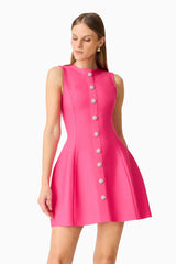 Brunette model wearing the Opline Tuplip Mini Dress in Hot Pink posed shot 