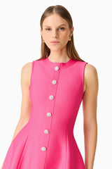 Brunette model wearing the Opline Tuplip Mini Dress in Hot Pink close up shot 