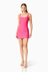 Brunette model wearing the Opline Fitted Mini Dress in Hot Pink front posed shot 
