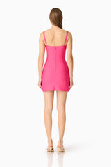 Brunette model wearing the Opline Fitted Mini Dress in Hot Pink back shot 
