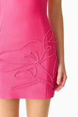 Brunette model wearing the Opline Fitted Mini Dress in Hot Pink close up shot 
