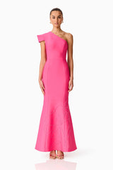 Brunette model wearing the Opline One Shoulder Gown in Hot Pink front shot