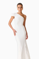 Brunette model wearing the Opline One Shoulder Gown in White close up front shot 