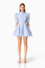Brunette model wearing the Lacy puff sleeve mini dress in powder blue front shot