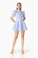 Brunette model wearing the Lacy puff sleeve mini dress in powder blue front posed shot