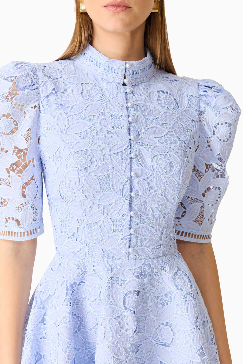 Lacy Puff Sleeve Mini Dress in Powder Blue Elliatt Lacy Puff Sleeve Mini Dress in Powder Blue Elliatt