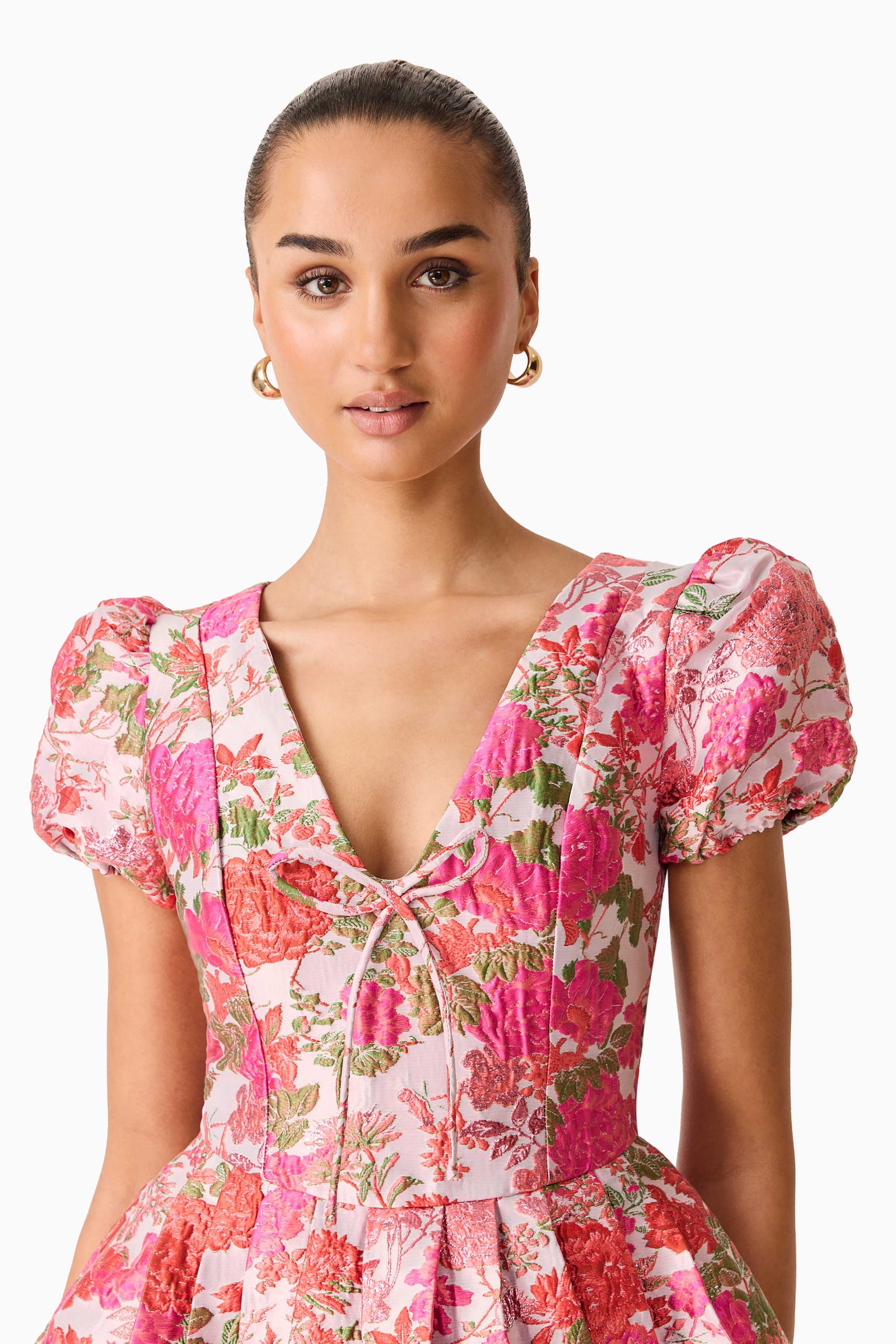 Floralie Short Sleeve Mini Dress in Pink Floral  Elliatt