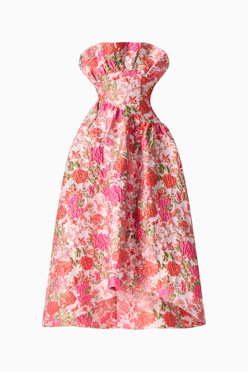 pink floral brocade strapless a line midi dress Markarian - Markarian Rousseau Floral Brocade Midi Dress in Burgundy Metallic Daisy 12
