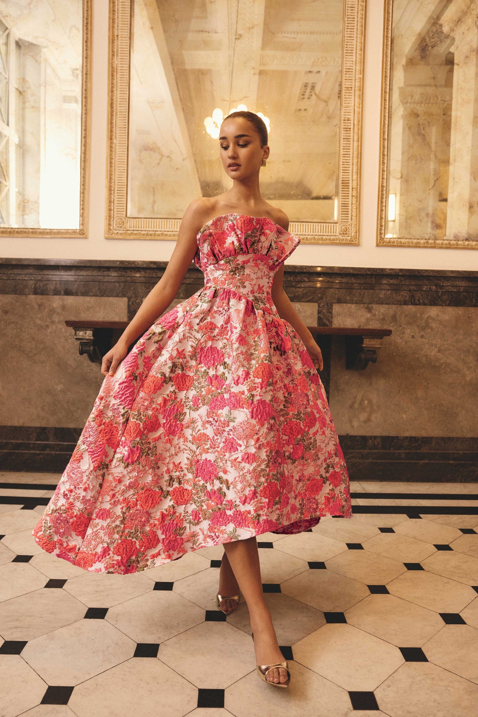 slim fit dress slacks Floral Satin Long Dress 7444 – Sparkly Gowns
