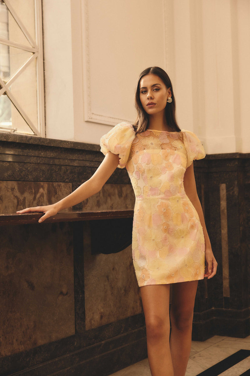 Zaria Puff Sleeve Mini Dress - Yellow Floral - XXL