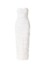 Brunette model wearing the Lucine Strapless Gown Dress in White ghost shot 