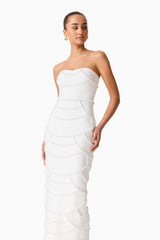 Brunette model wearing the Lucine Strapless Gown Dress in White posed close up shot 