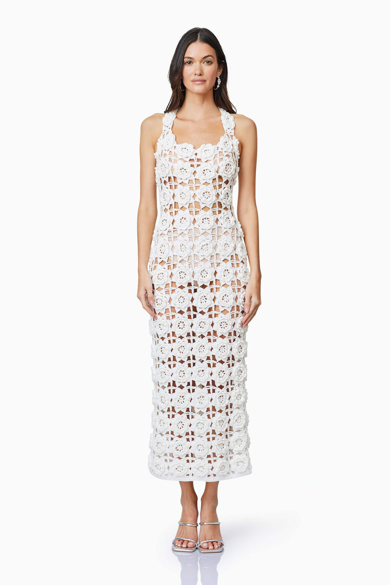 Elise Crochet Midi Dress in White | Rosette Detailing Elliatt Elise Crochet Midi Dress in White | Rosette Detailing Elliatt