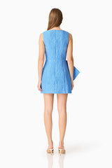 Brunette model wearing the Briallen Jacquard Mini Dress in Blue Back Shot