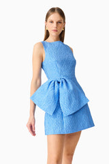 Brunette model wearing the Briallen Jacquard Mini Dress in Blue Close Up Shot