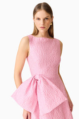 Brunette model wearing the Briallen Jacquard Mini Dress in Pink Close Up Shot