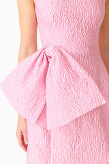 Brunette model wearing the Briallen Jacquard Mini Dress in Pink Detail Shot