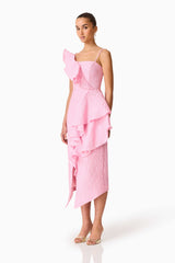 Brunette model wearing the Briallen Jacquard Midi Dress in Pink Side Shot