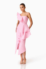 Brunette model wearing the Briallen Jacquard Midi Dress in Pink Posed Shot