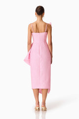 Brunette model wearing the Briallen Jacquard Midi Dress in Pink Back Shot