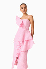 Brunette model wearing the Briallen Jacquard Midi Dress in Pink Close Up Shot