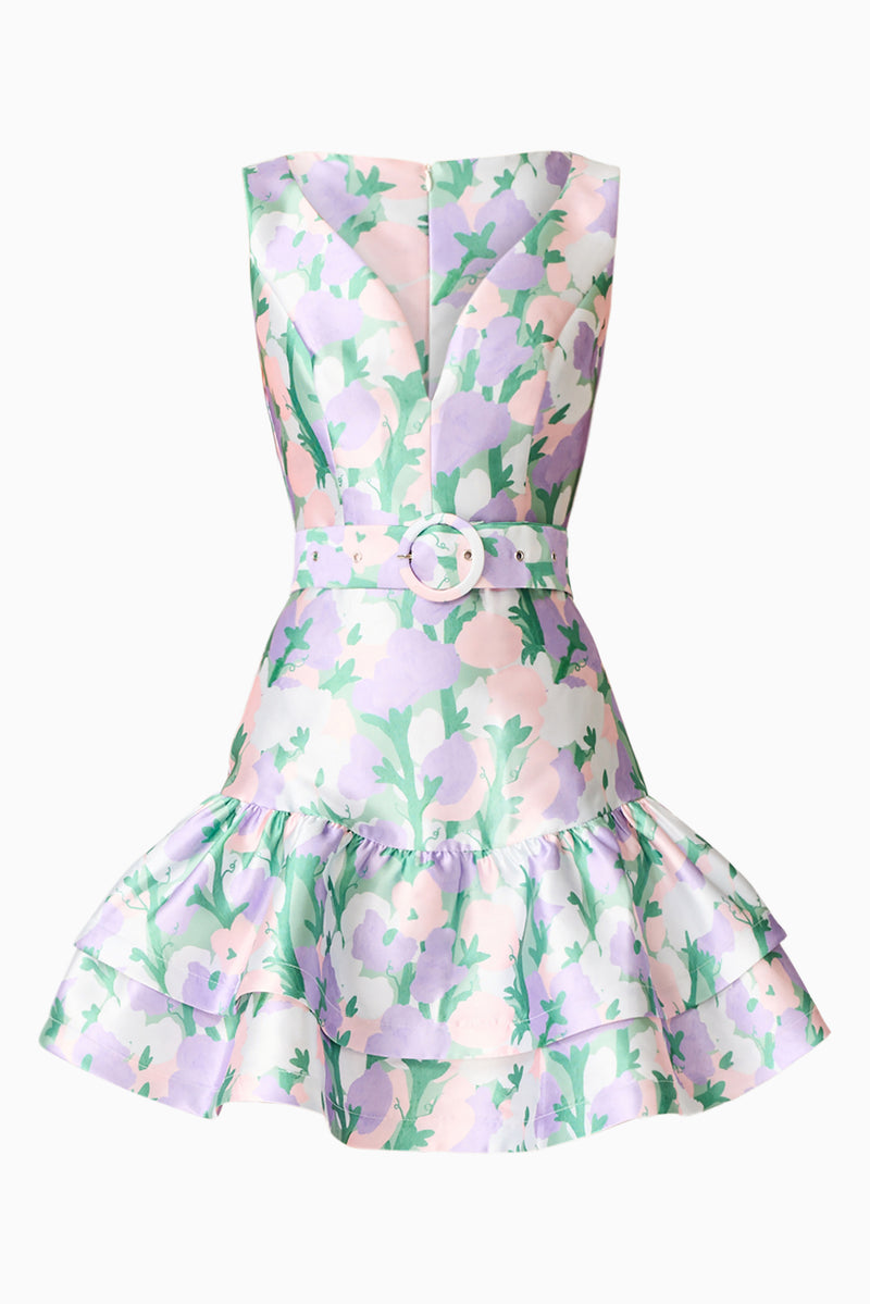 Lavina V-Neck Mini Dress in Green & Purple Floral | V Neck Detailing   Elliatt