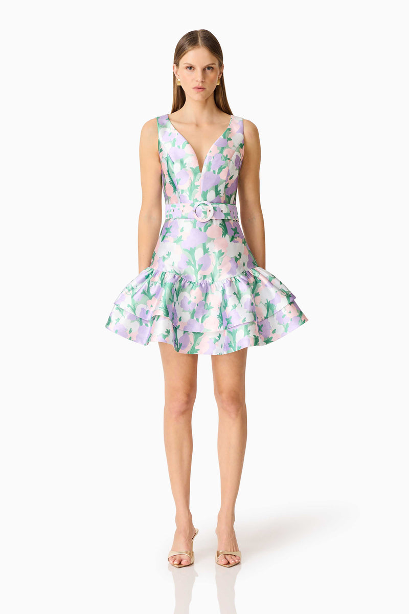 Lavina V-Neck Mini Dress in Green & Purple Floral | V Neck Detailing   Elliatt