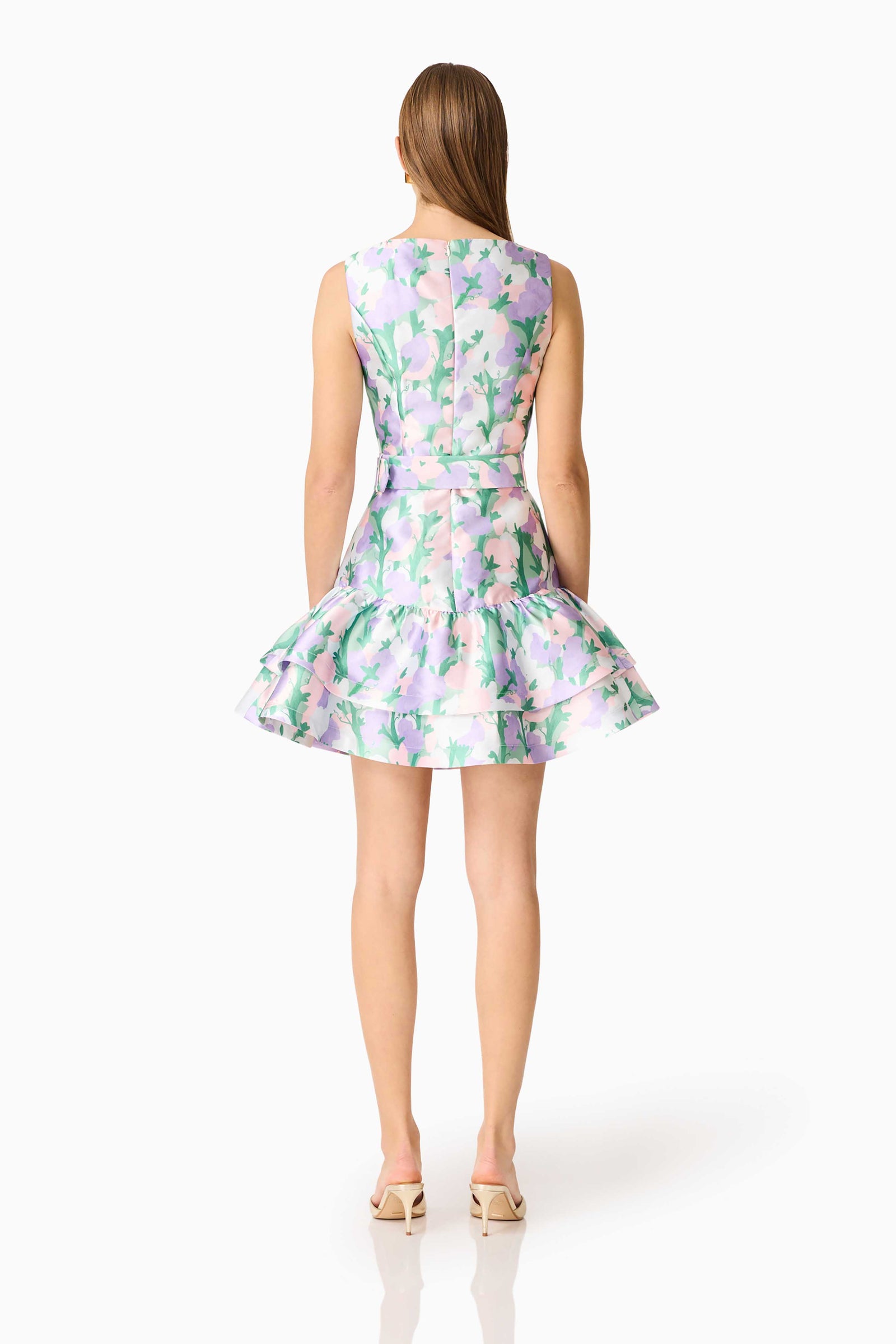 Lavina V-Neck Mini Dress - Green & Purple Floral - L