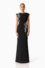 Brunette model wearing the Veda Embellished Gown in Black Front Shot