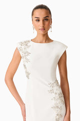 Brunette model wearing the Veda Embellished Gown in White Close Up Shot