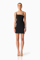 Brunette model wearing the Veda Embellished Mini Dress in Black Front Shot