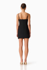 Brunette model wearing the Veda Embellished Mini Dress in Black Back Shot