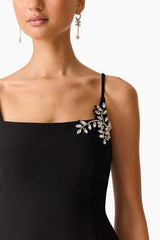 Brunette model wearing the Veda Embellished Mini Dress in Black Detail Shot