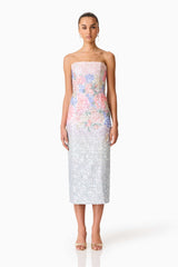 Brunette model wearing the Lurea Strapless Midi Dress in Pink Floral Front Shot