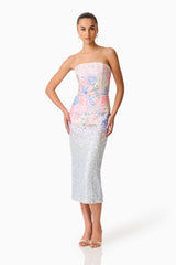 Brunette model wearing the Lurea Strapless Midi Dress in Pink Floral Posed Shot