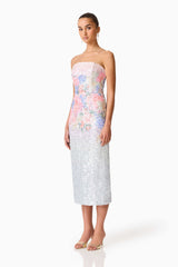 Brunette model wearing the Lurea Strapless Midi Dress in Pink Floral Side Shot