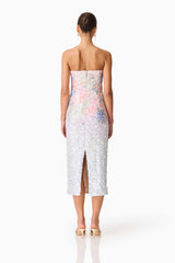 Brunette model wearing the Lurea Strapless Midi Dress in Pink Floral Back Shot