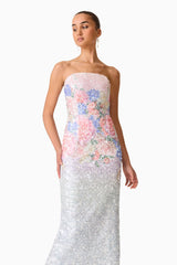 Brunette model wearing the Lurea Strapless Midi Dress in Pink Floral Close Up Shot