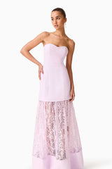 Brunette model wearing the Saphine Strapless Lace Gown in Pink Close Up Shot