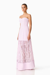 Brunette model wearing the Saphine Strapless Lace Gown in Pink Side Shot