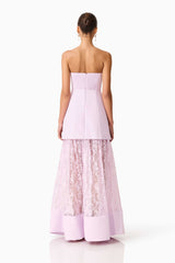 Brunette model wearing the Saphine Strapless Lace Gown in Pink Back Shot