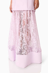 Brunette model wearing the Saphine Strapless Lace Gown in Pink Detail Shot