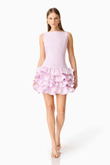 Brunette model wearing the Saphine Ruffle Mini Dress in Pink Posed Shot
