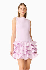 Brunette model wearing the Saphine Ruffle Mini Dress in Pink Close Up Shot