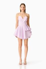 Brunette model wearing the Saphine Frill Mini Dress in Pink Front Shot