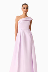 Brunette model wearing the Saphine One Shoulder Gown in Pink Close Up Shot