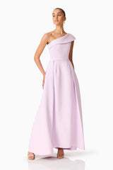 Brunette model wearing the Saphine One Shoulder Gown in Pink Posed Shot