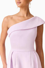 Brunette model wearing the Saphine One Shoulder Gown in Pink Detail Shot
