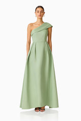 Saphine One Shoulder Gown in Sage Green fitted silhouette front shot